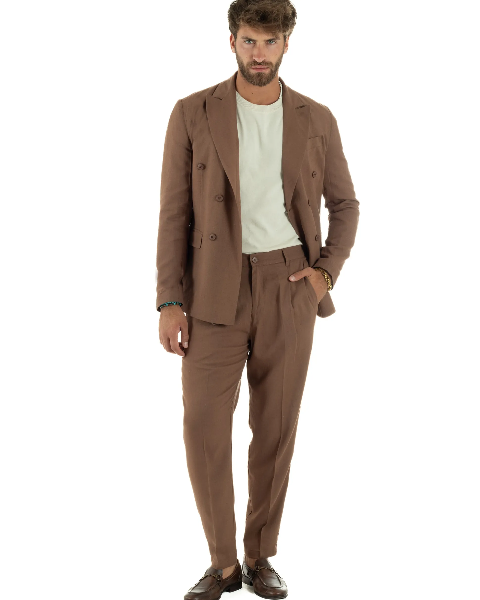 Abito lino uomo vestito doppiopetto sartoriale camel AE1171A