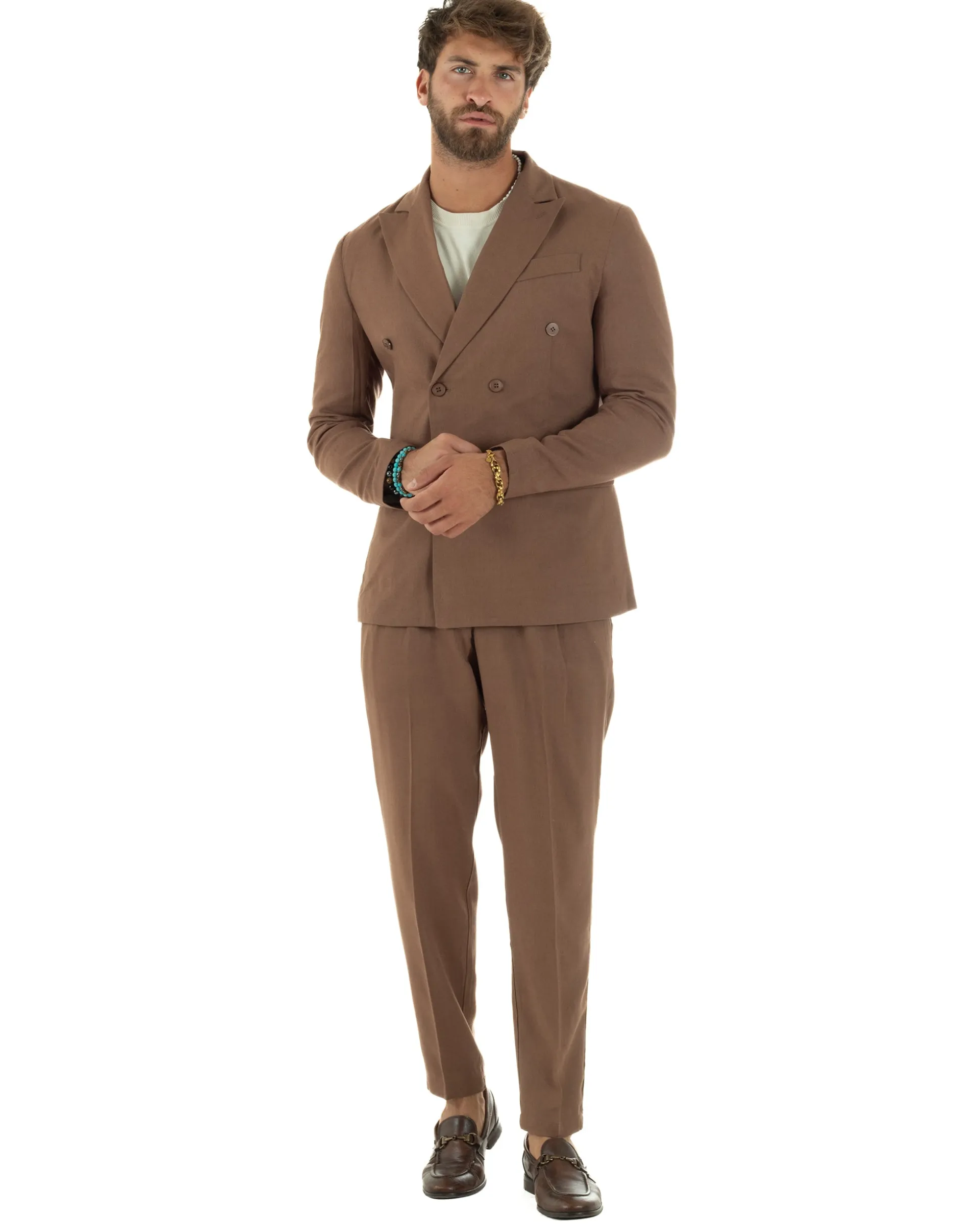 Abito lino uomo vestito doppiopetto sartoriale camel AE1171A