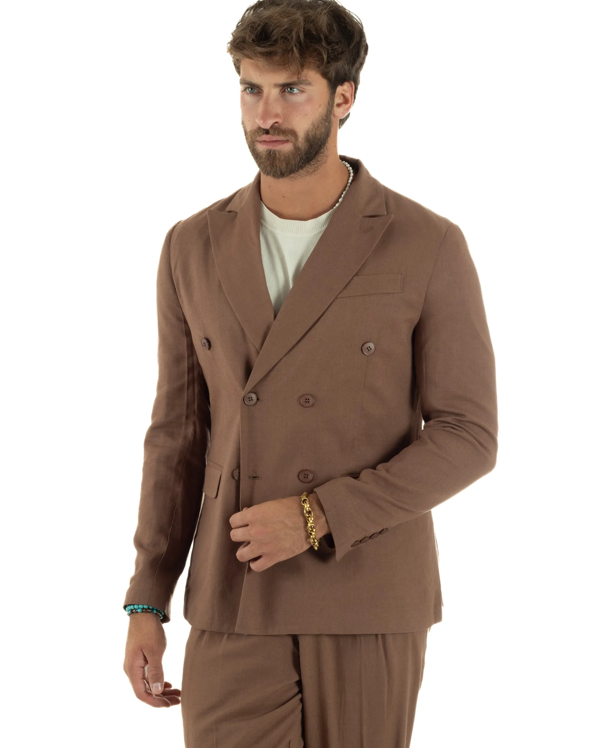 Abito lino uomo vestito doppiopetto sartoriale camel AE1171A