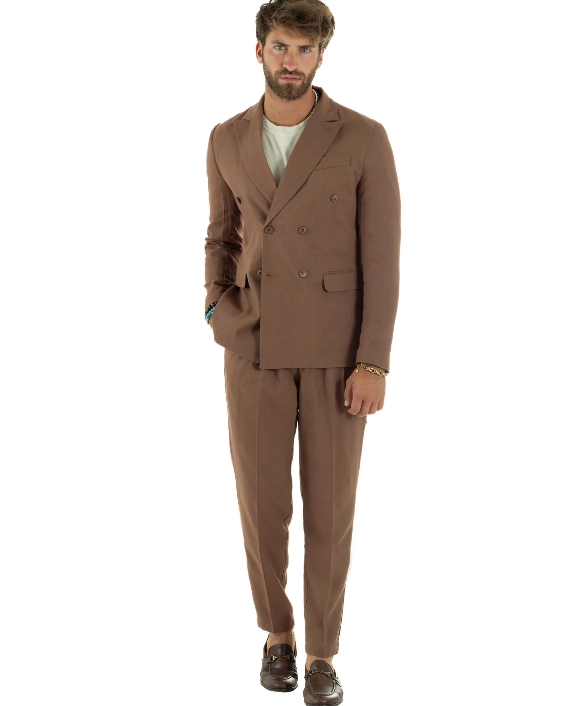 Abito lino uomo vestito doppiopetto sartoriale camel AE1171A