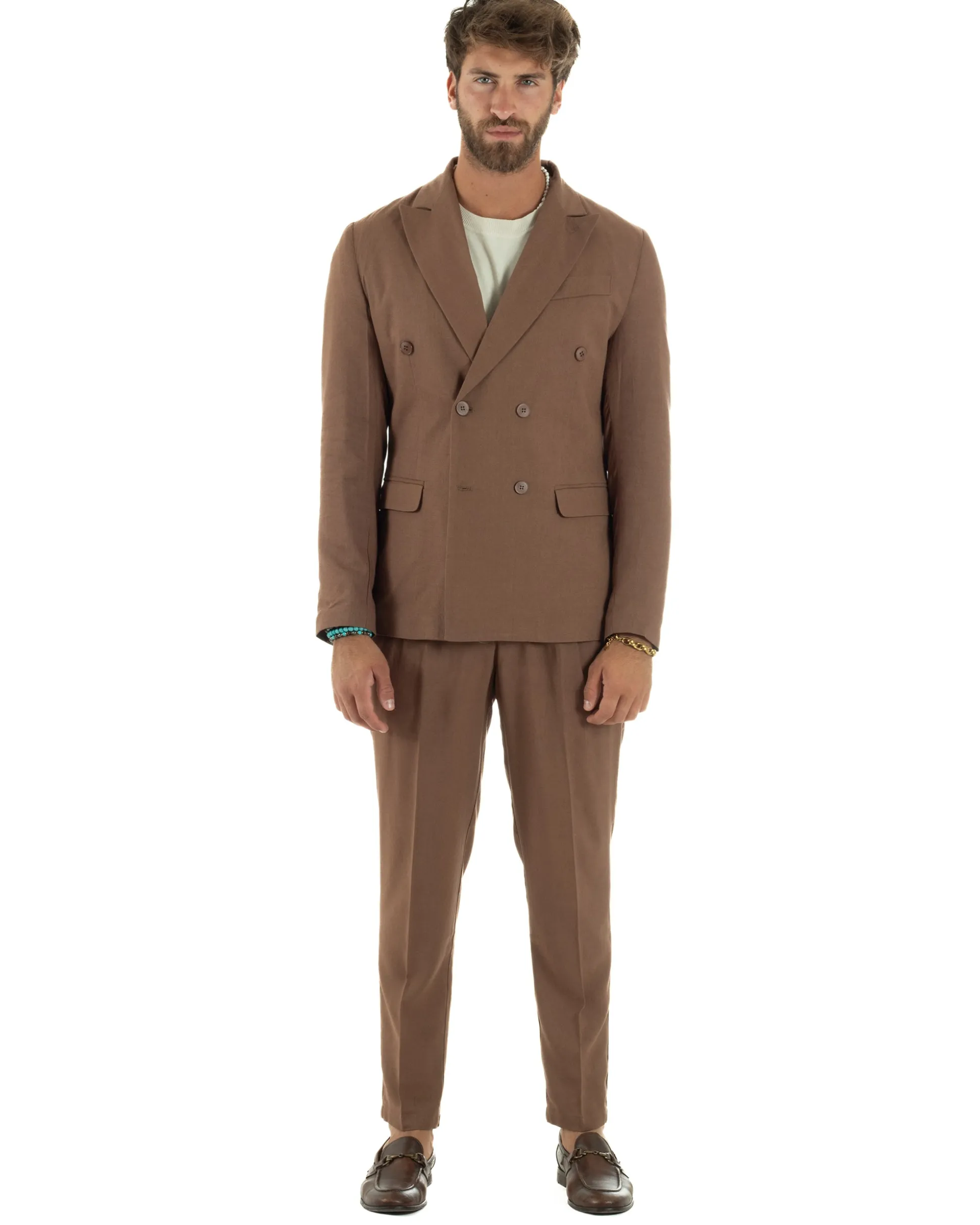 Abito lino uomo vestito doppiopetto sartoriale camel AE1171A