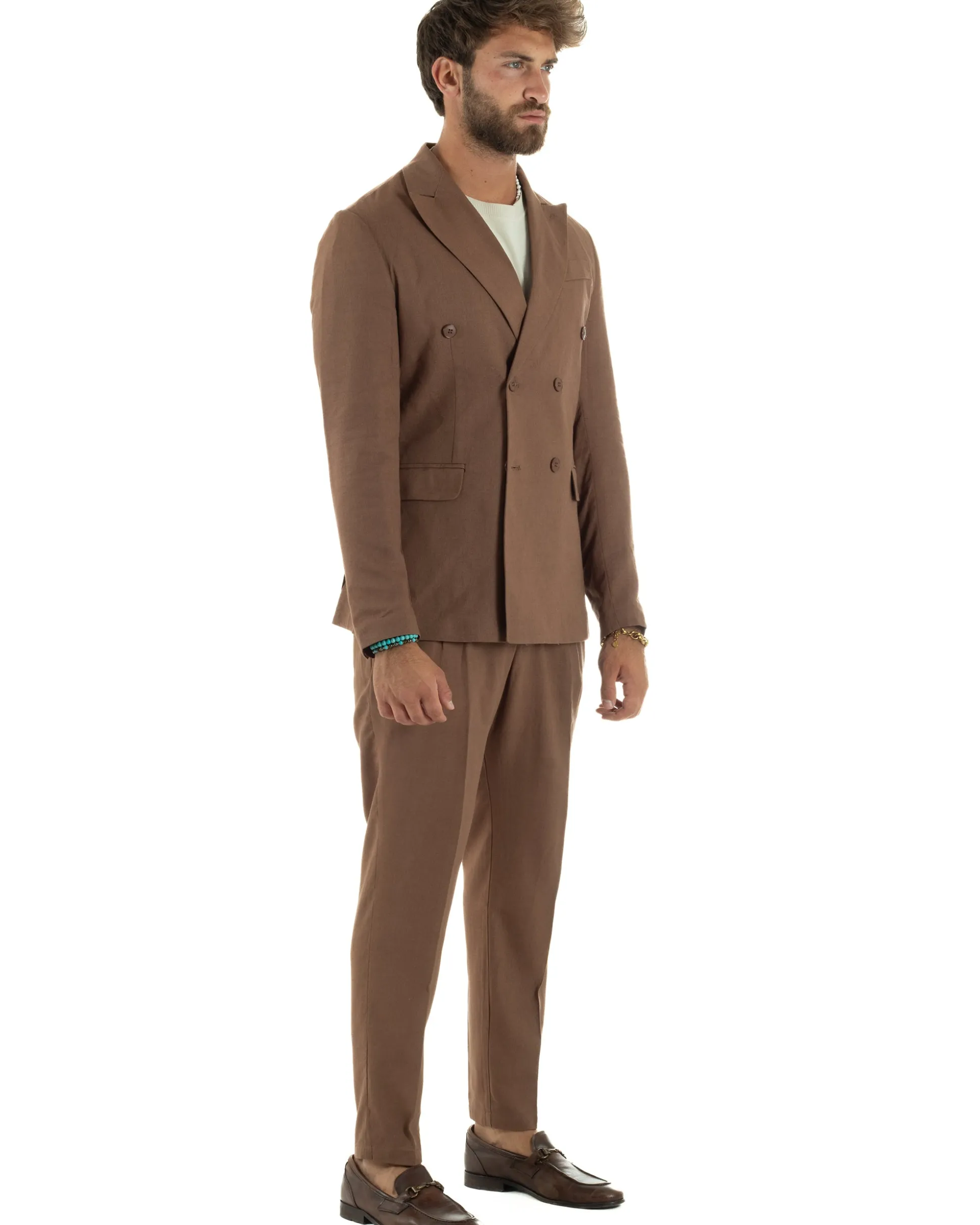 Abito lino uomo vestito doppiopetto sartoriale camel AE1171A