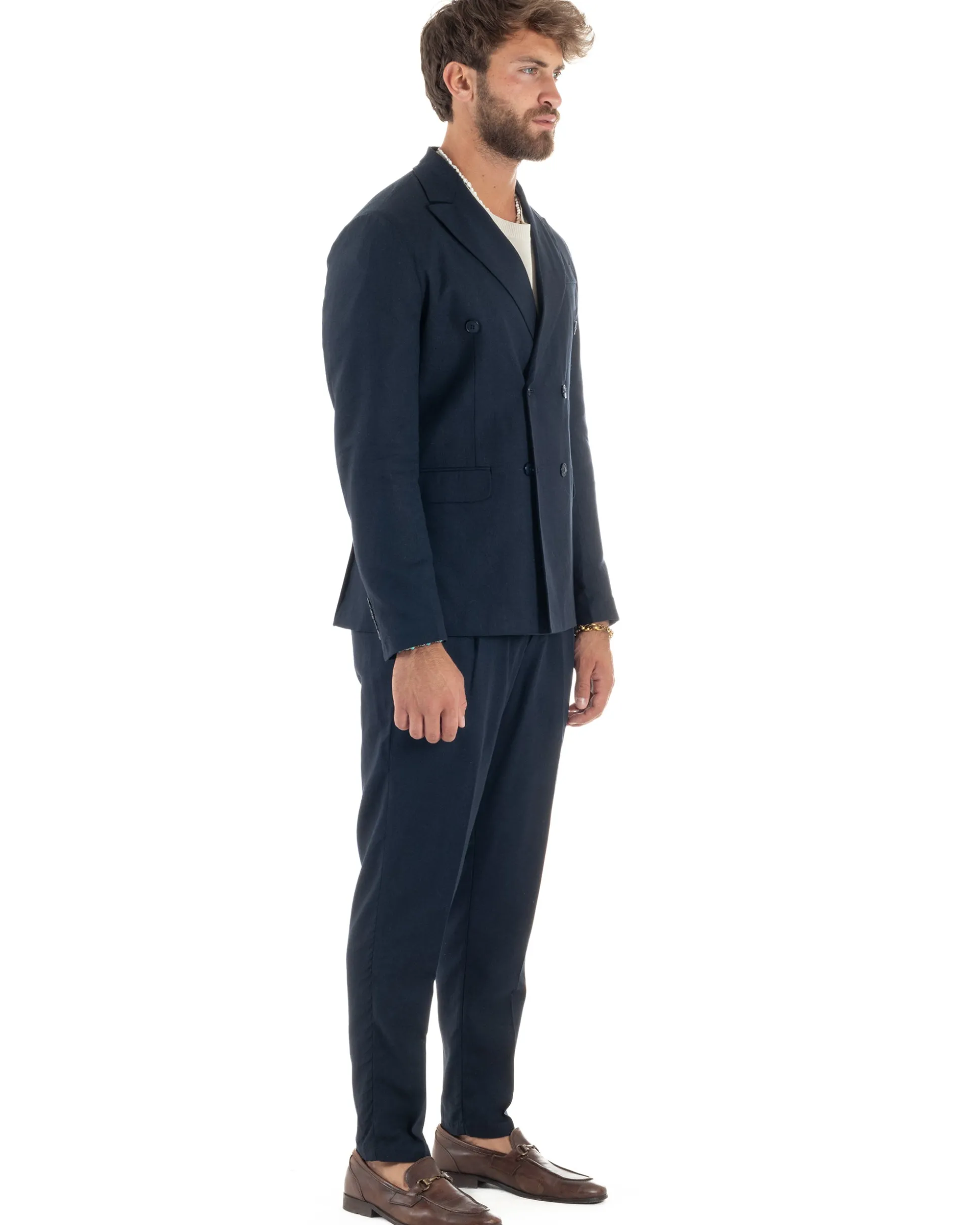 Abito lino uomo vestito doppiopetto sartoriale blu AE1172A
