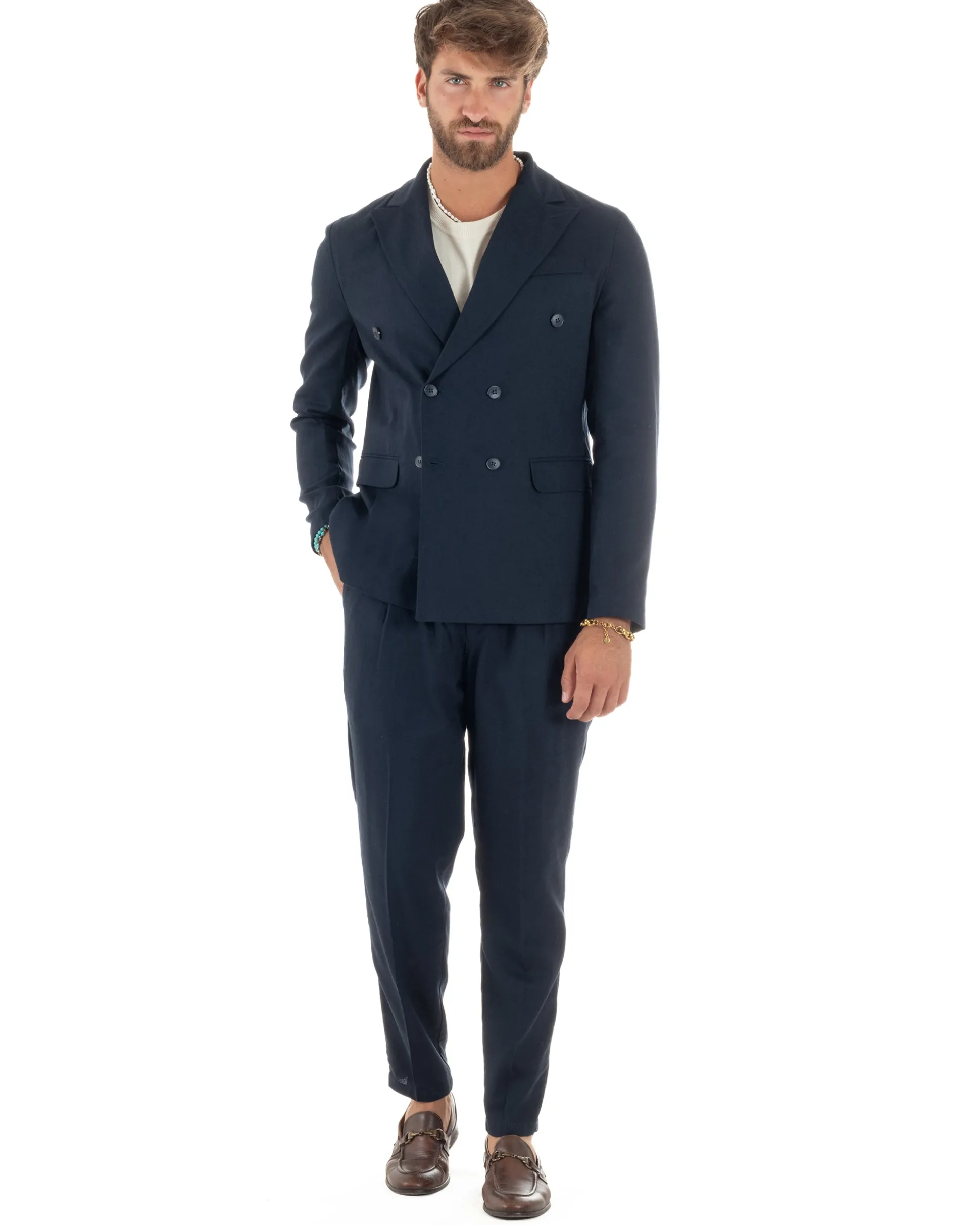 Abito lino uomo vestito doppiopetto sartoriale blu AE1172A