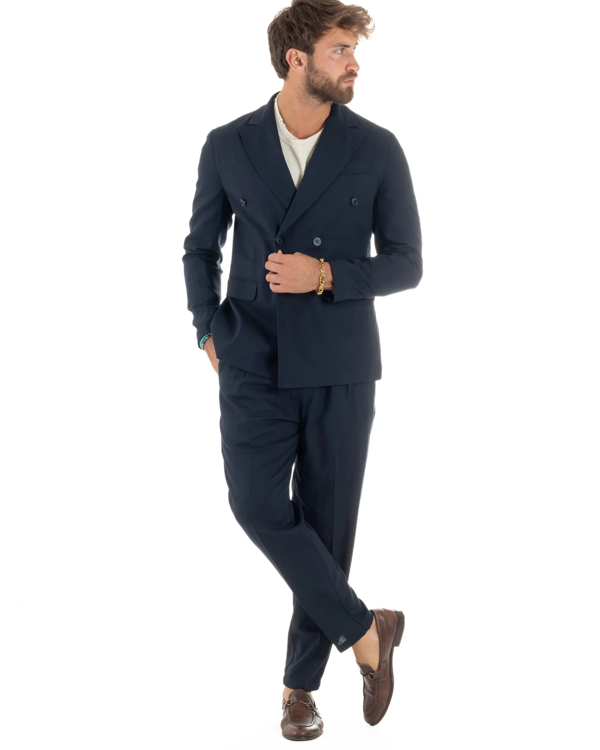 Abito lino uomo vestito doppiopetto sartoriale blu AE1172A