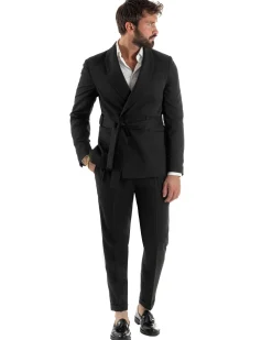 Abito uomo completo doppiopetto rever scialle cintura pantaloni pinces nero BlackSunday AE1245A