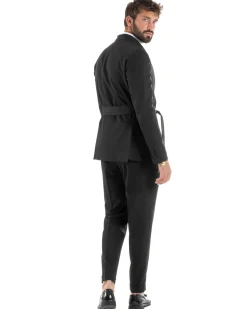 Abito uomo completo doppiopetto rever scialle cintura pantaloni pinces nero BlackSunday AE1245A