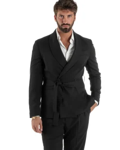 Abito uomo completo doppiopetto rever scialle cintura pantaloni pinces nero BlackSunday AE1245A