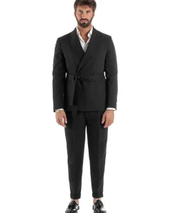 Abito uomo completo doppiopetto rever scialle cintura pantaloni pinces nero BlackSunday AE1245A