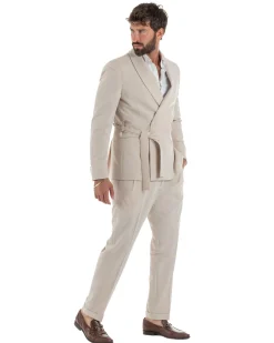 Abito uomo completo doppiopetto rever scialle cintura pantaloni pinces beige BlackSunday AE1246A