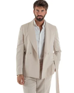 Abito uomo completo doppiopetto rever scialle cintura pantaloni pinces beige BlackSunday AE1246A