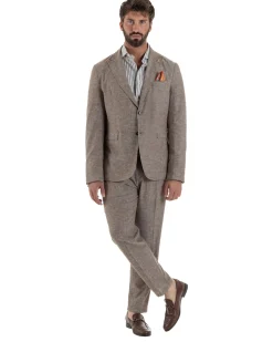 Abito uomo completo lino giacca monopetto pantaloni pinces coulisse marrone BERNA M-261359