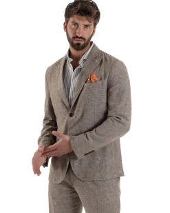 Abito uomo completo lino giacca monopetto pantaloni pinces coulisse marrone BERNA M-261359