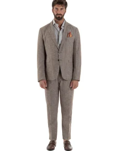 Abito uomo completo lino giacca monopetto pantaloni pinces coulisse marrone BERNA M-261359