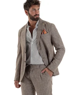 Abito uomo completo lino giacca monopetto pantaloni pinces coulisse marrone BERNA M-261359