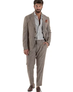 Abito uomo completo lino giacca monopetto pantaloni pinces coulisse marrone BERNA M-261359