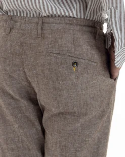 Abito uomo completo lino giacca monopetto pantaloni pinces coulisse marrone BERNA M-261359