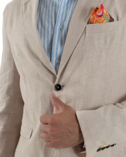 Abito uomo completo lino giacca monopetto pantaloni pinces coulisse beige BERNA M-261359