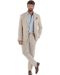 Abito uomo completo lino giacca monopetto pantaloni pinces coulisse beige BERNA M-261359