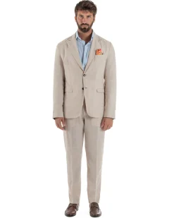 Abito uomo completo lino giacca monopetto pantaloni pinces coulisse beige BERNA M-261359