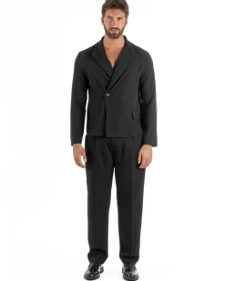 Abito uomo doppiopetto asimettrico completo relaxed fit giacca crop pantaloni baggy nero GIOSAL-AE1266A