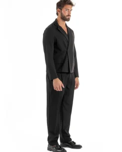 Abito uomo doppiopetto asimettrico completo relaxed fit giacca crop pantaloni baggy nero GIOSAL-AE1266A