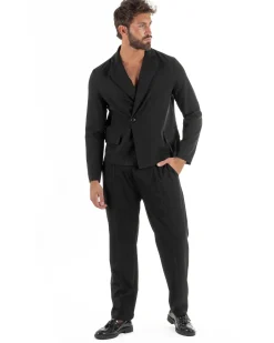 Abito uomo doppiopetto asimettrico completo relaxed fit giacca crop pantaloni baggy nero GIOSAL-AE1266A