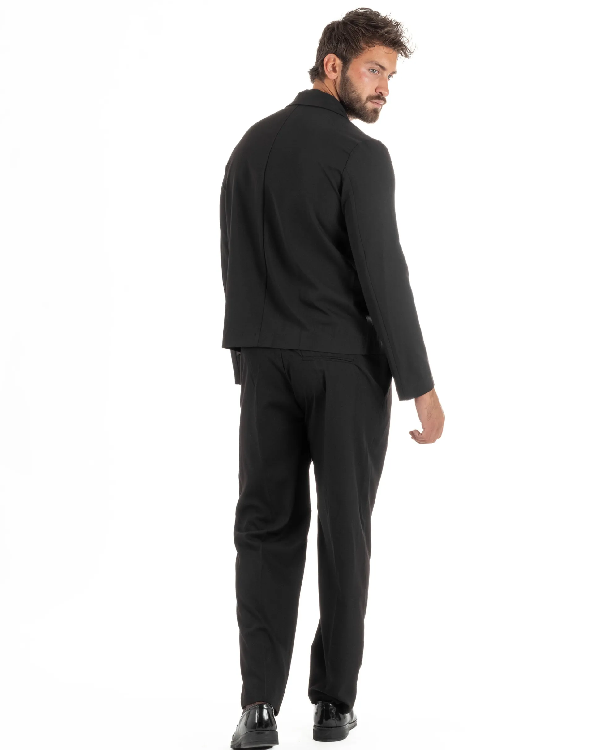Abito uomo doppiopetto asimettrico completo relaxed fit giacca crop pantaloni baggy nero GIOSAL-AE1266A