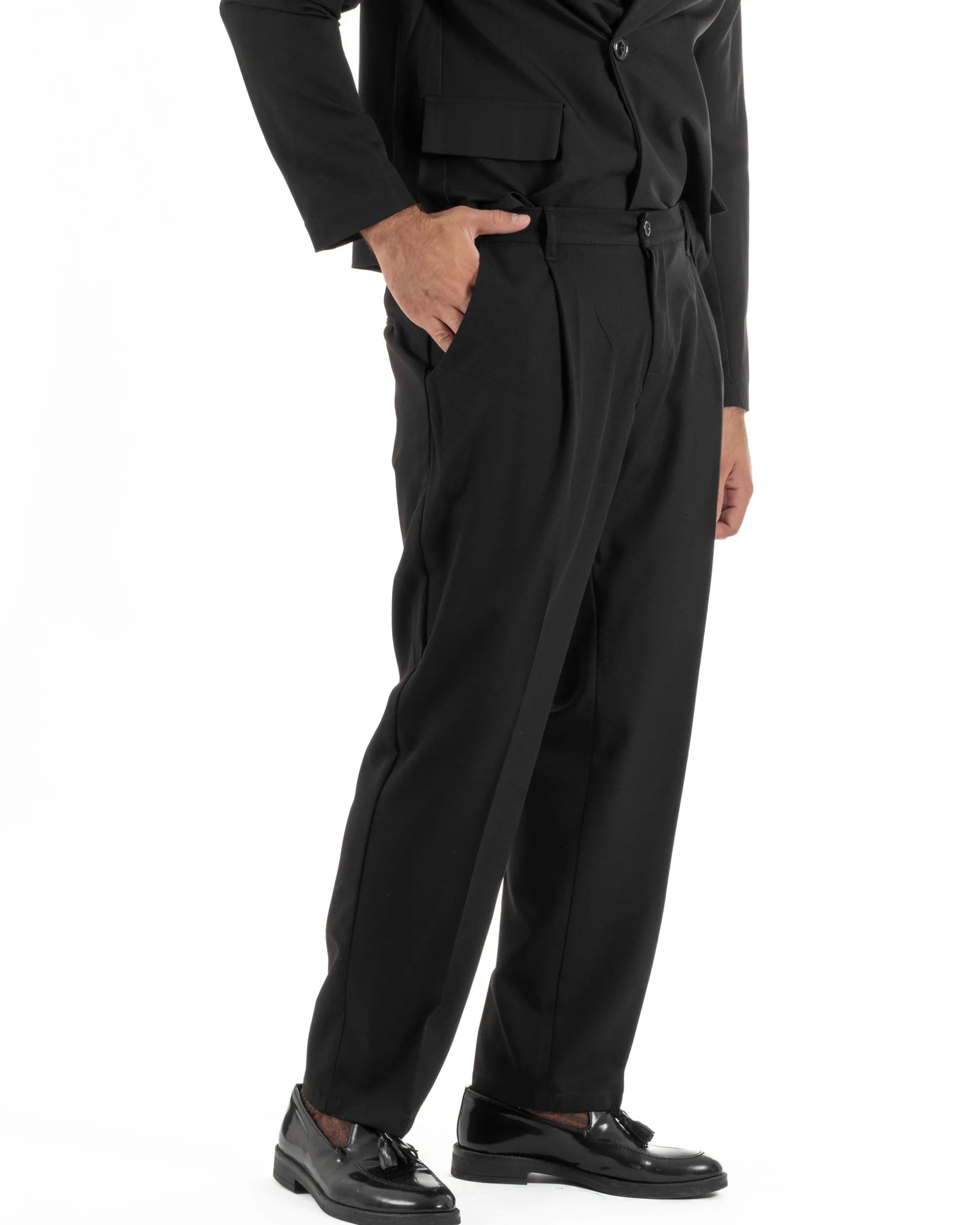 Abito uomo doppiopetto asimettrico completo relaxed fit giacca crop pantaloni baggy nero GIOSAL-AE1266A