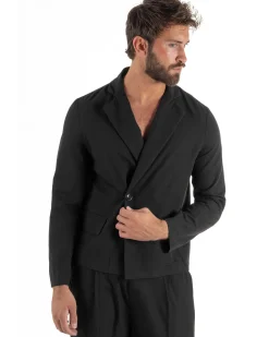 Abito uomo doppiopetto asimettrico completo relaxed fit giacca crop pantaloni baggy nero GIOSAL-AE1266A