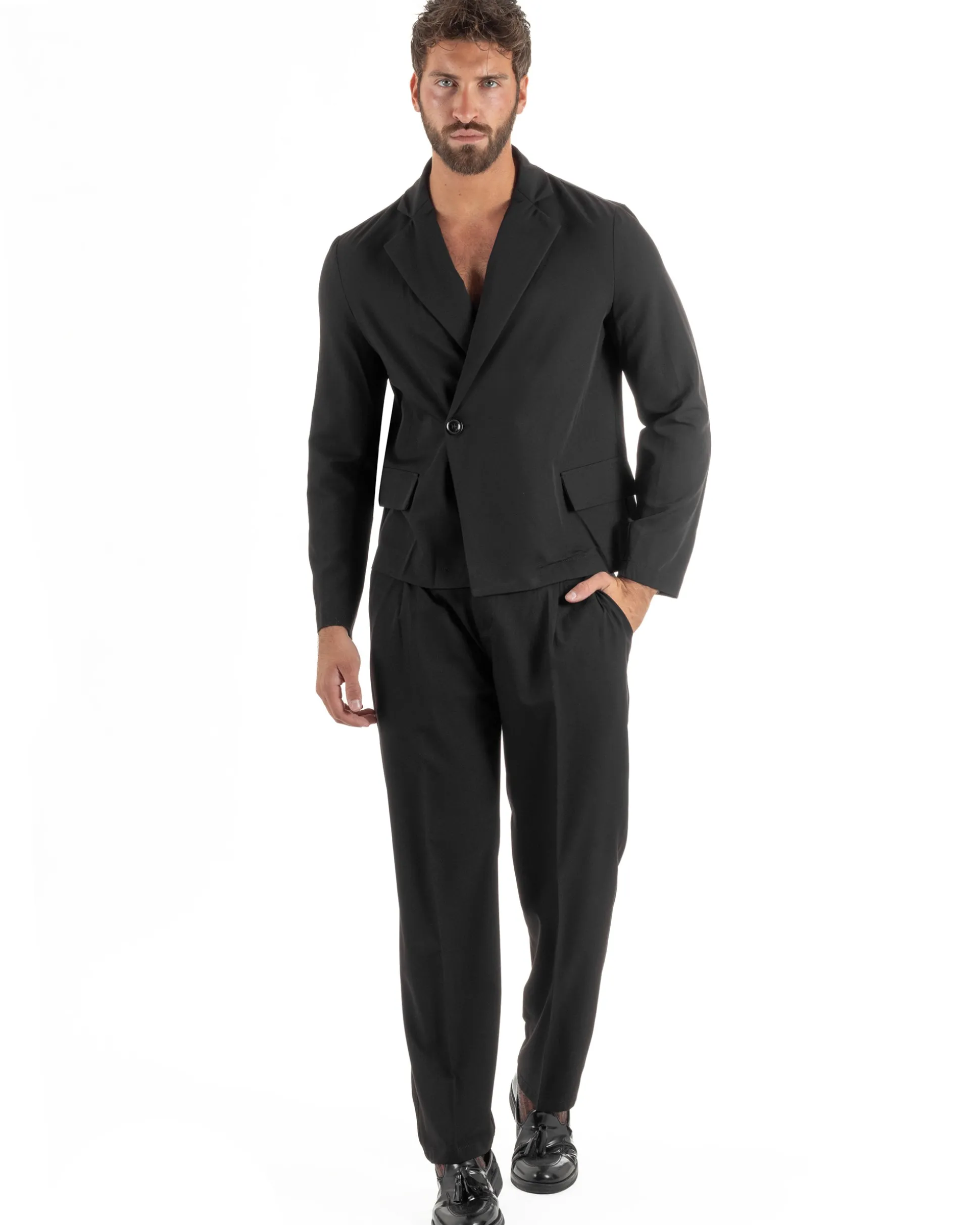 Abito uomo doppiopetto asimettrico completo relaxed fit giacca crop pantaloni baggy nero GIOSAL-AE1266A