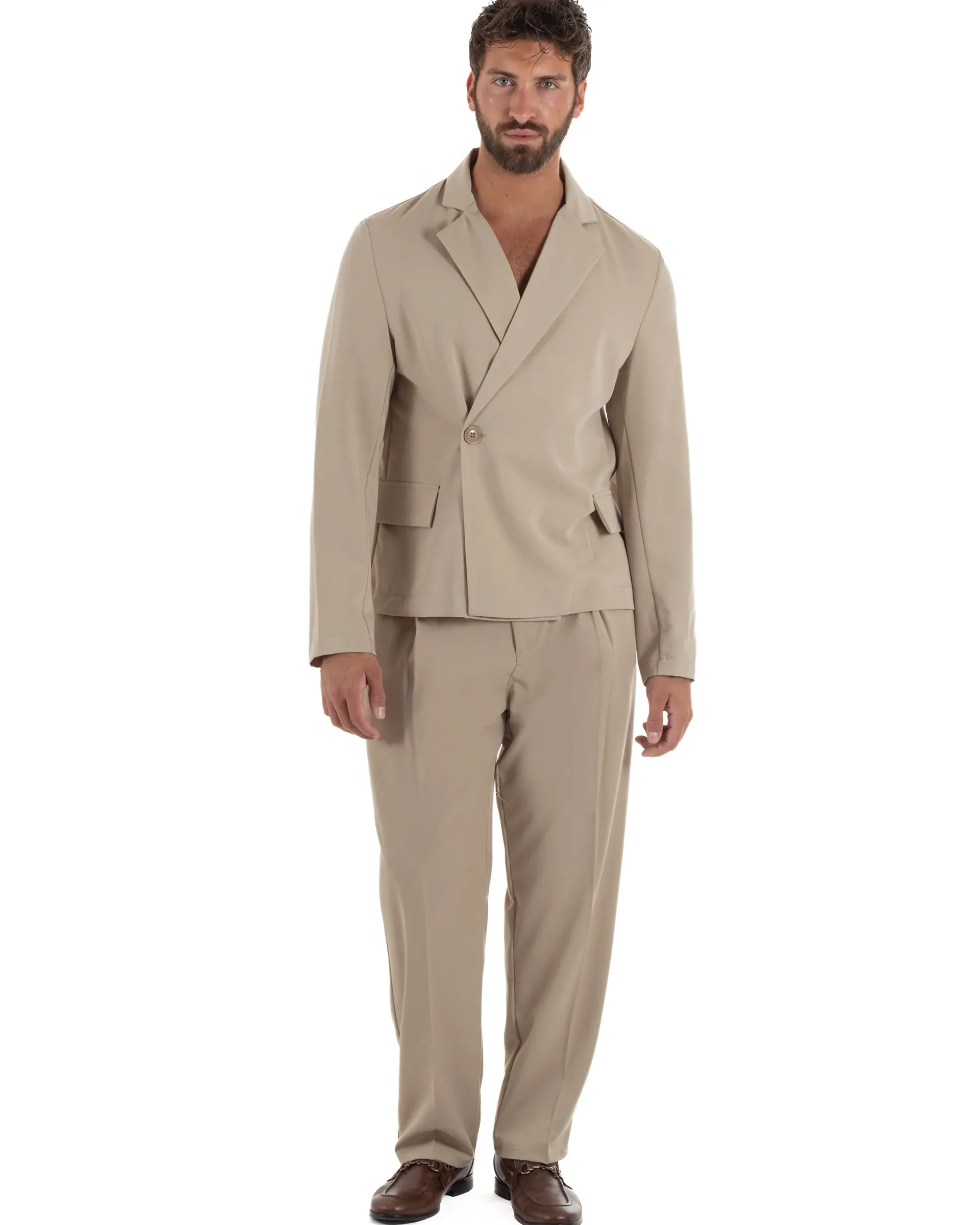Abito uomo doppiopetto asimettrico completo relaxed fit giacca crop pantaloni baggy beige GIOSAL-AE1265A