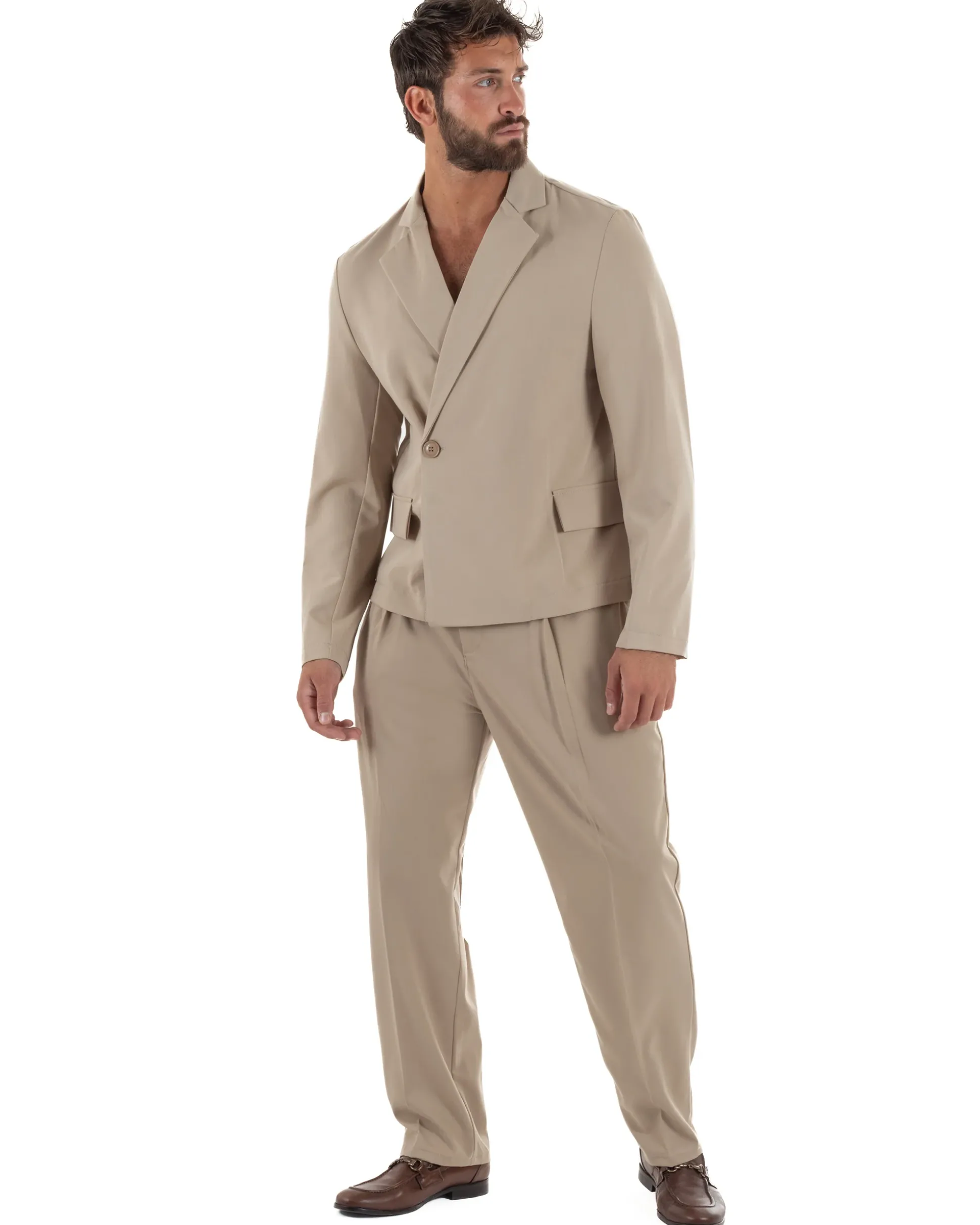 Abito uomo doppiopetto asimettrico completo relaxed fit giacca crop pantaloni baggy beige GIOSAL-AE1265A