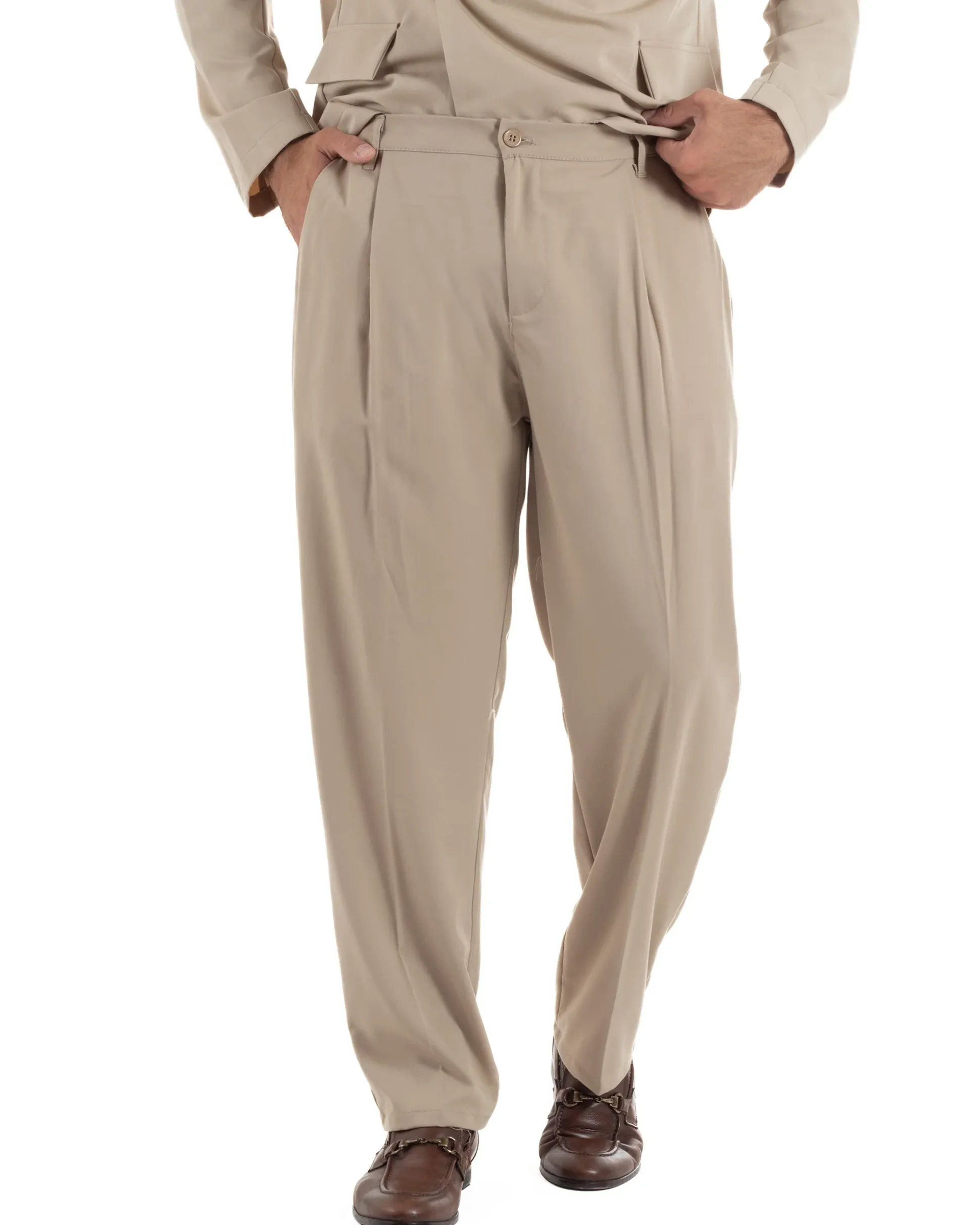 Abito uomo doppiopetto asimettrico completo relaxed fit giacca crop pantaloni baggy beige GIOSAL-AE1265A