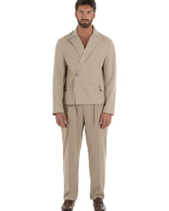 Abito uomo doppiopetto asimettrico completo relaxed fit giacca crop pantaloni baggy beige GIOSAL-AE1265A