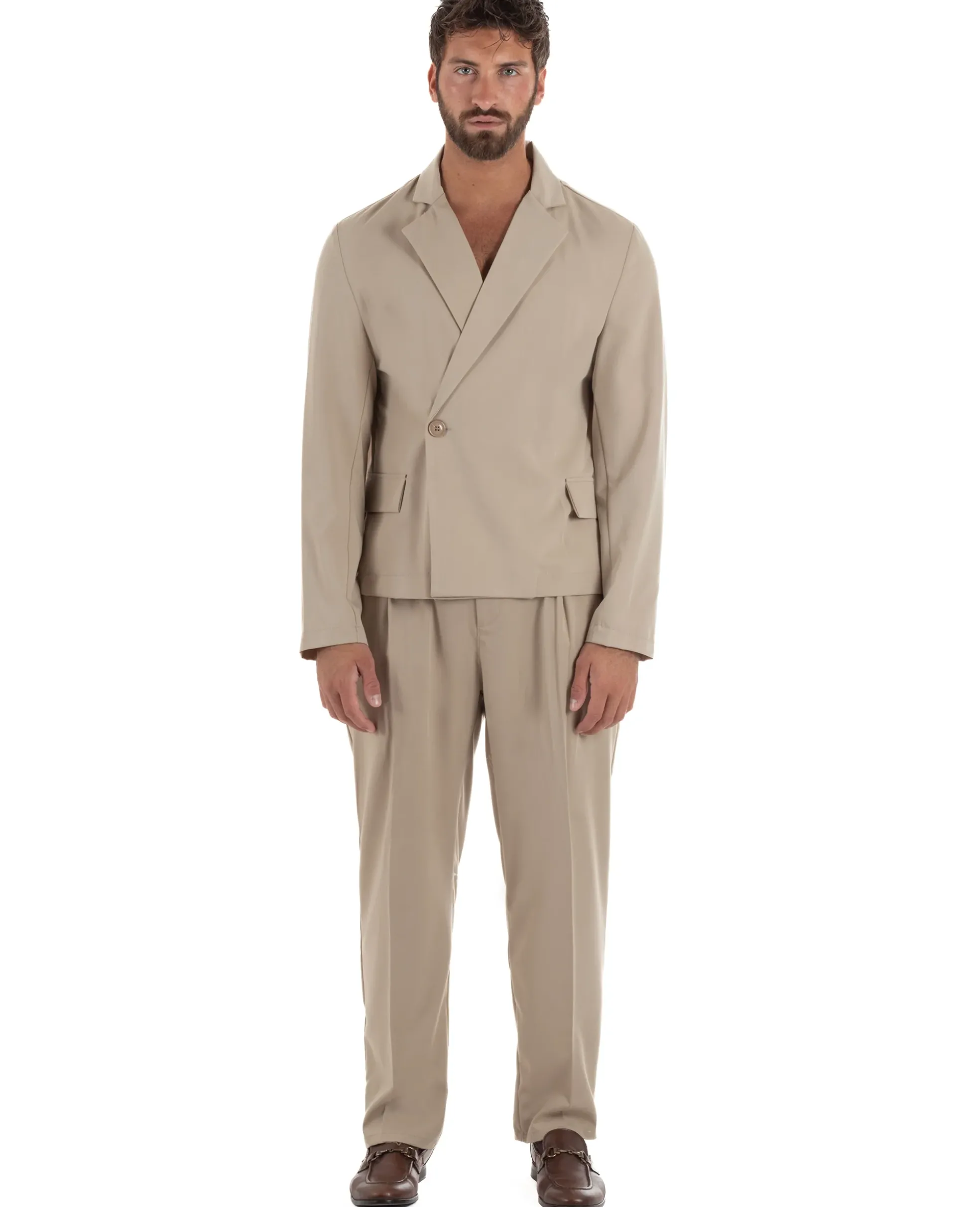 Abito uomo doppiopetto asimettrico completo relaxed fit giacca crop pantaloni baggy beige GIOSAL-AE1265A