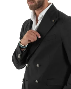 Abito Uomo Doppiopetto Bottoni In Metallo Completo Sartoriale Vestito Elegante Giacca Rever A Lancia Pantaloni Con Pinces Casual Nero GIOSAL-AE1138A