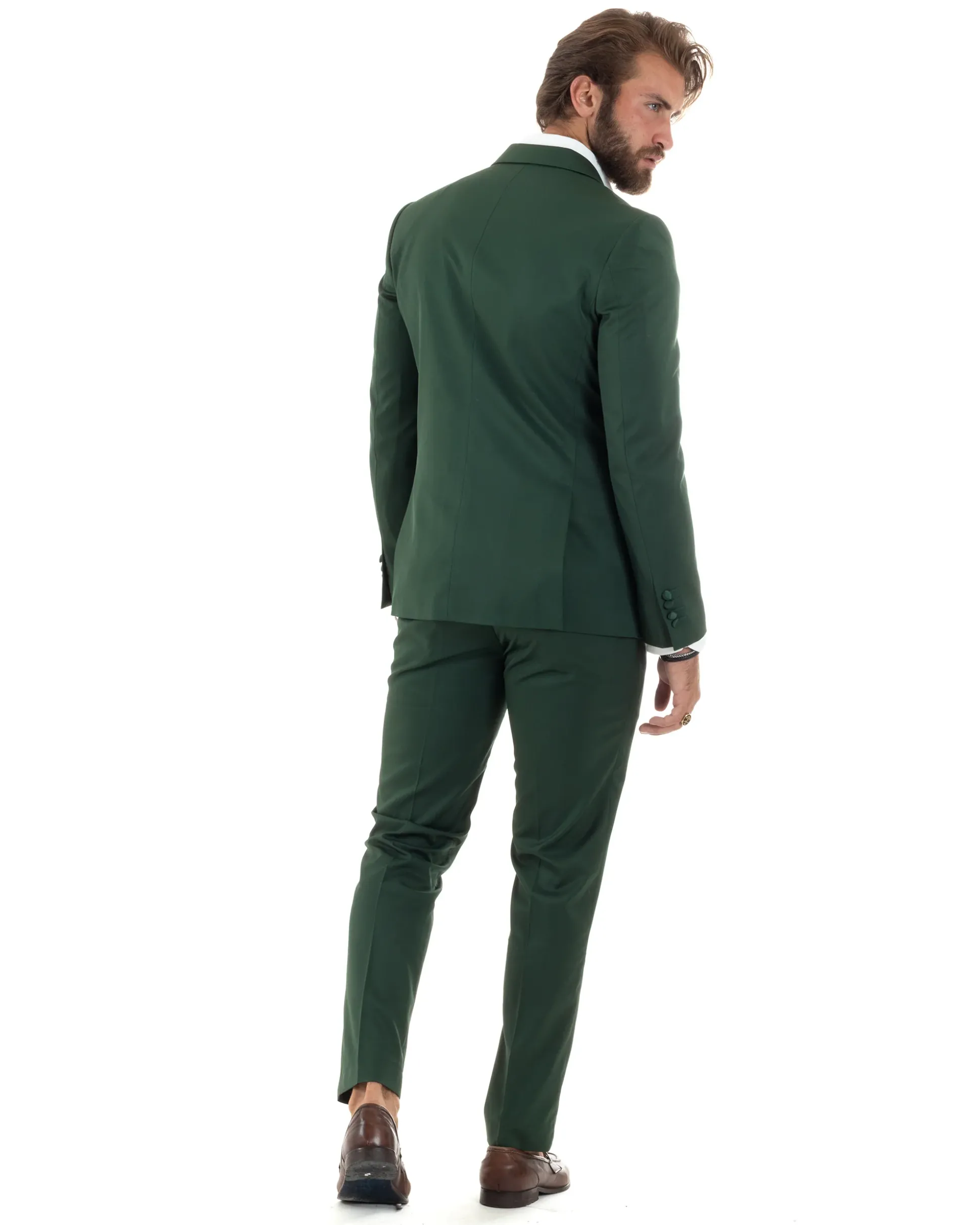 Abito uomo doppiopetto completo giacca rever raso pantaloni smoking elegante sartoriale verde GIOSAL-AE1100A