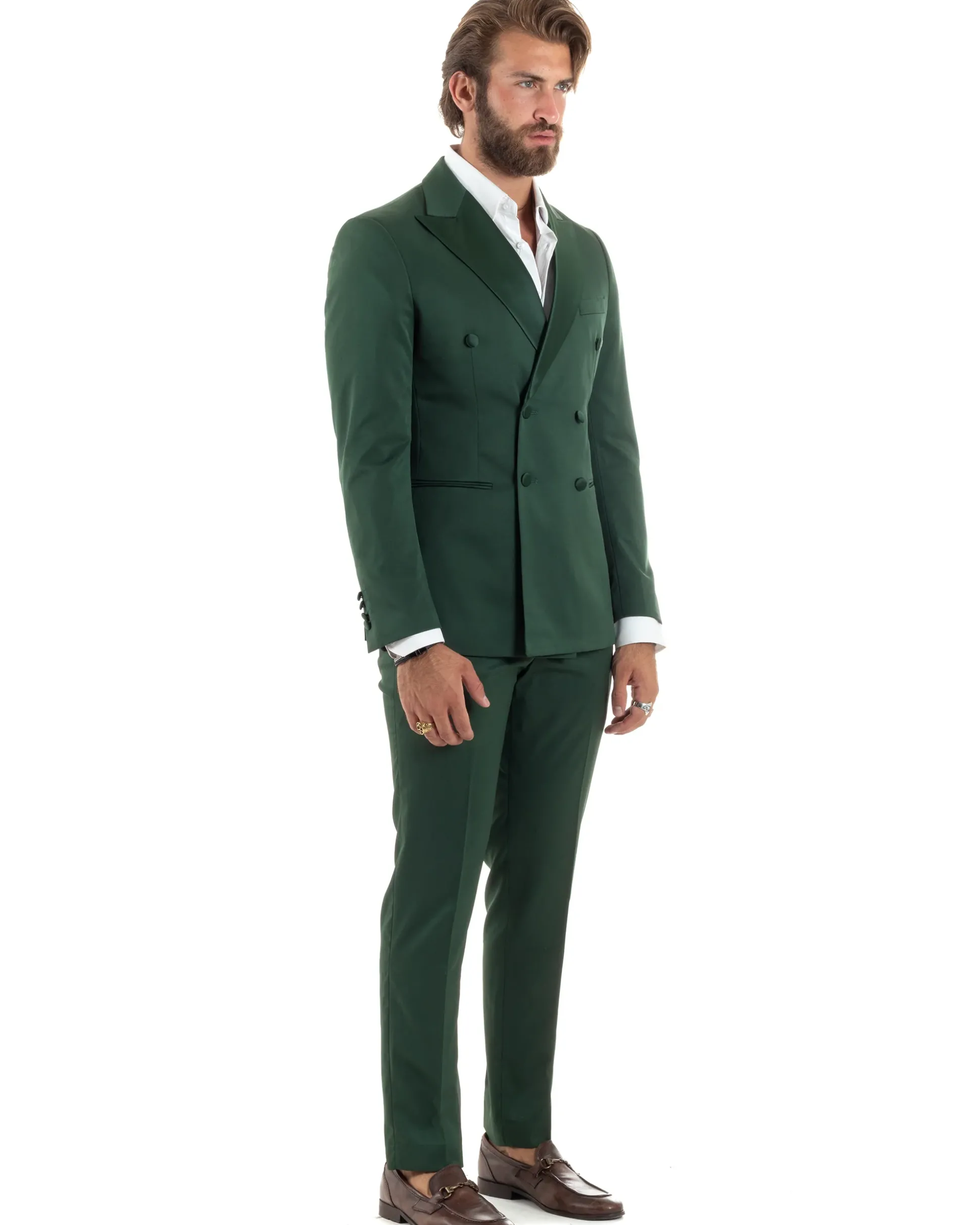 Abito uomo doppiopetto completo giacca rever raso pantaloni smoking elegante sartoriale verde GIOSAL-AE1100A