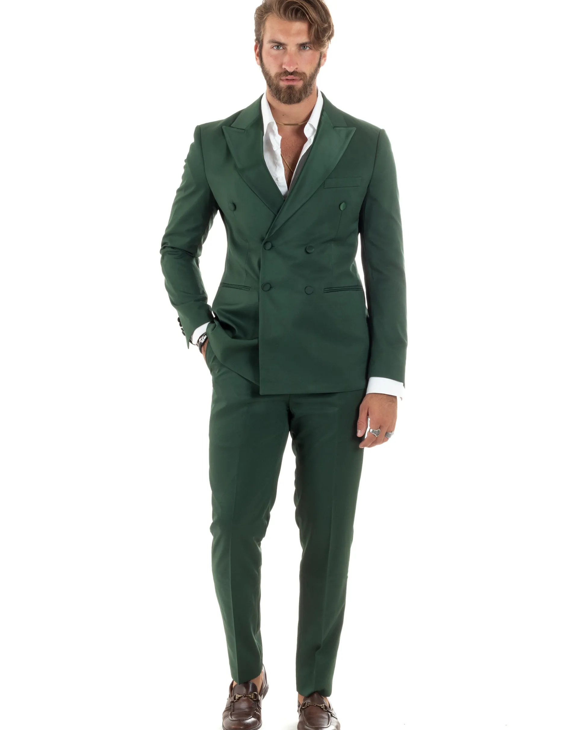 Abito uomo doppiopetto completo giacca rever raso pantaloni smoking elegante sartoriale verde GIOSAL-AE1100A
