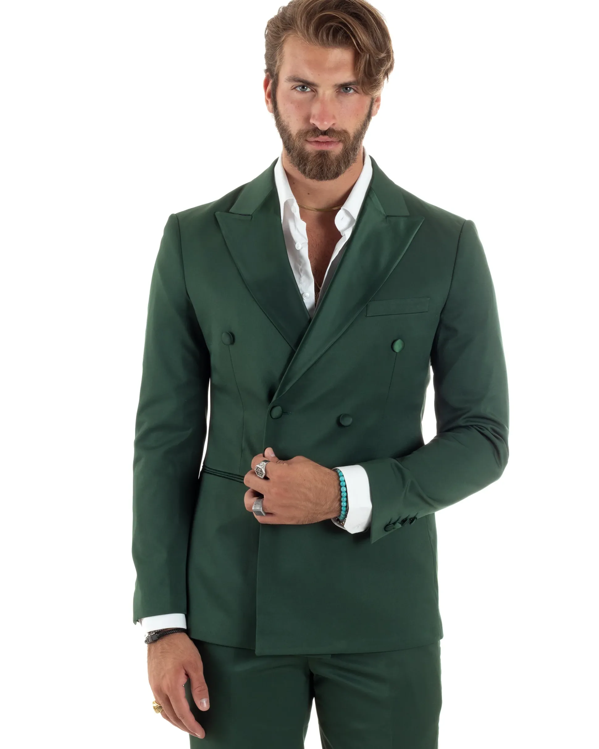 Abito uomo doppiopetto completo giacca rever raso pantaloni smoking elegante sartoriale verde GIOSAL-AE1100A