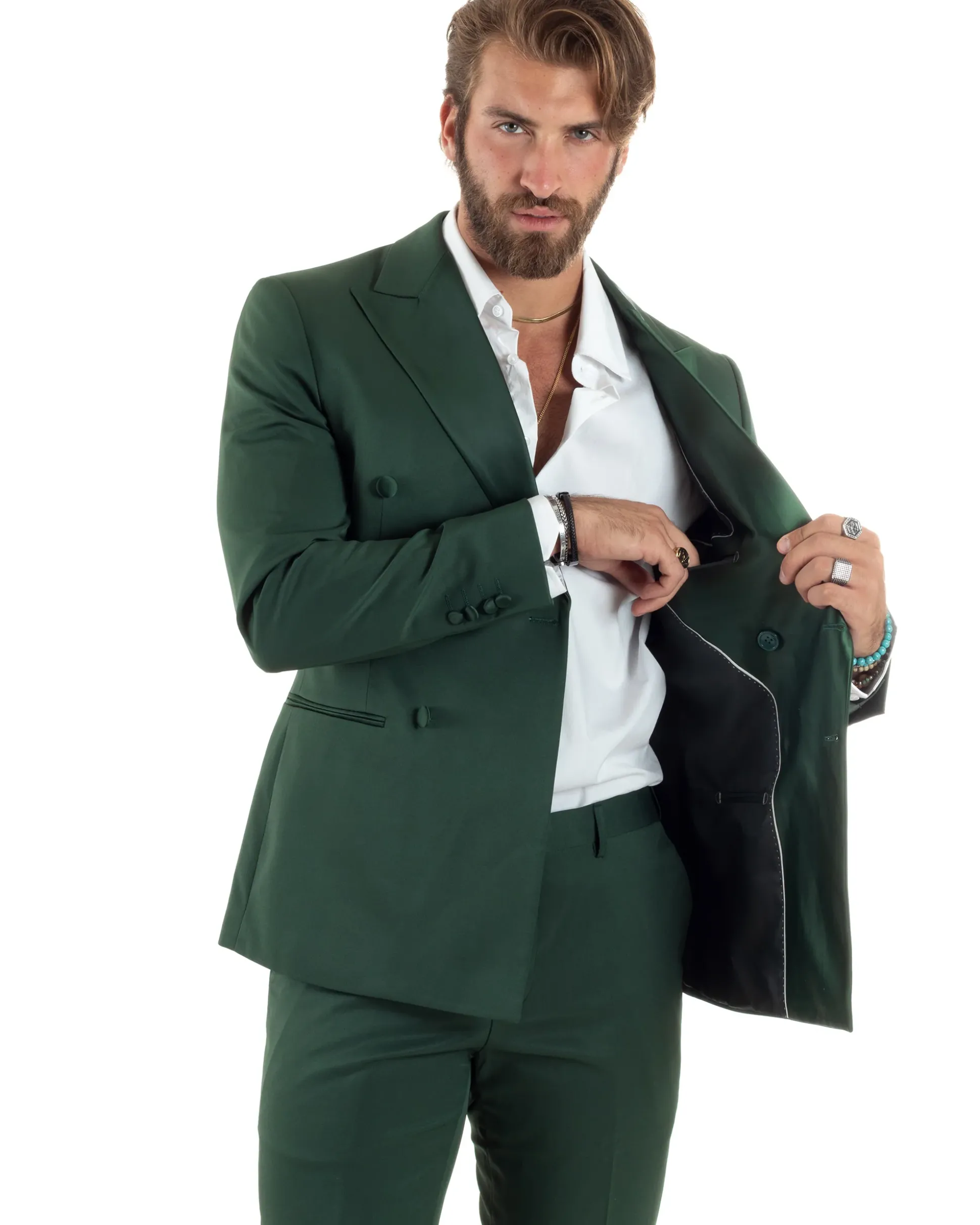 Abito uomo doppiopetto completo giacca rever raso pantaloni smoking elegante sartoriale verde GIOSAL-AE1100A