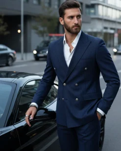 Abito uomo doppiopetto completo gessato giacca pantaloni bottoni metallo blu GIOSAL-AE1090A