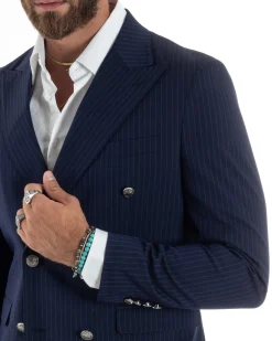 Abito uomo doppiopetto completo gessato giacca pantaloni bottoni metallo blu GIOSAL-AE1090A