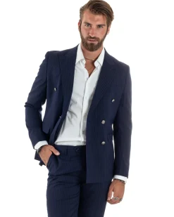 Abito uomo doppiopetto completo gessato giacca pantaloni bottoni metallo blu GIOSAL-AE1090A