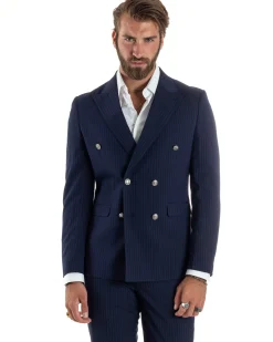 Abito uomo doppiopetto completo gessato giacca pantaloni bottoni metallo blu GIOSAL-AE1090A