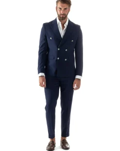 Abito uomo doppiopetto completo gessato giacca pantaloni bottoni metallo blu GIOSAL-AE1090A