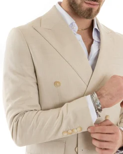 Abito uomo doppiopetto completo viscosa giacca pantaloni elegante beige melangiato GIOSAL-OU2258A
