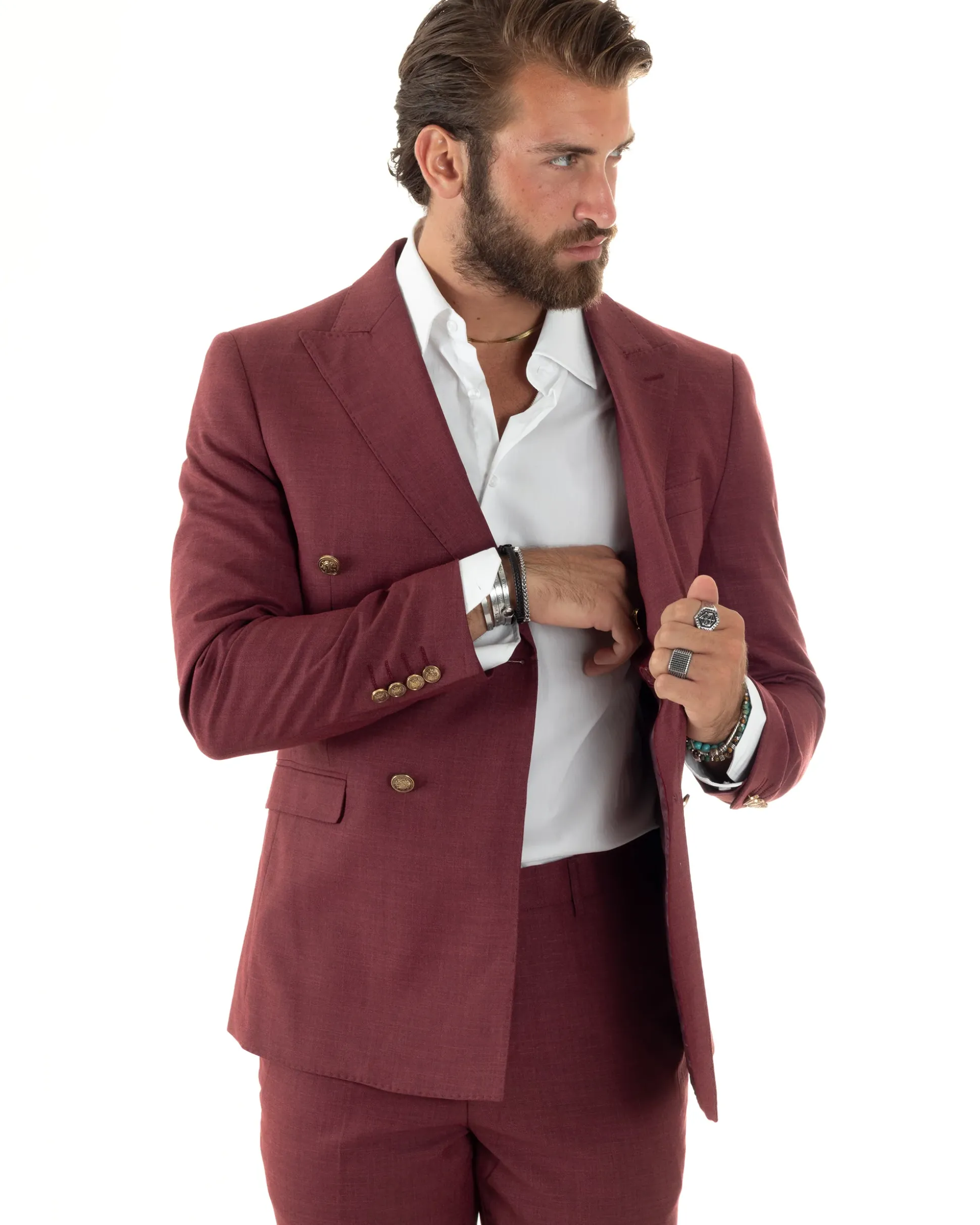 Abito uomo doppiopetto completo giacca pantaloni bottoni metallo bordeaux melangiato GIOSAL-AE1080A