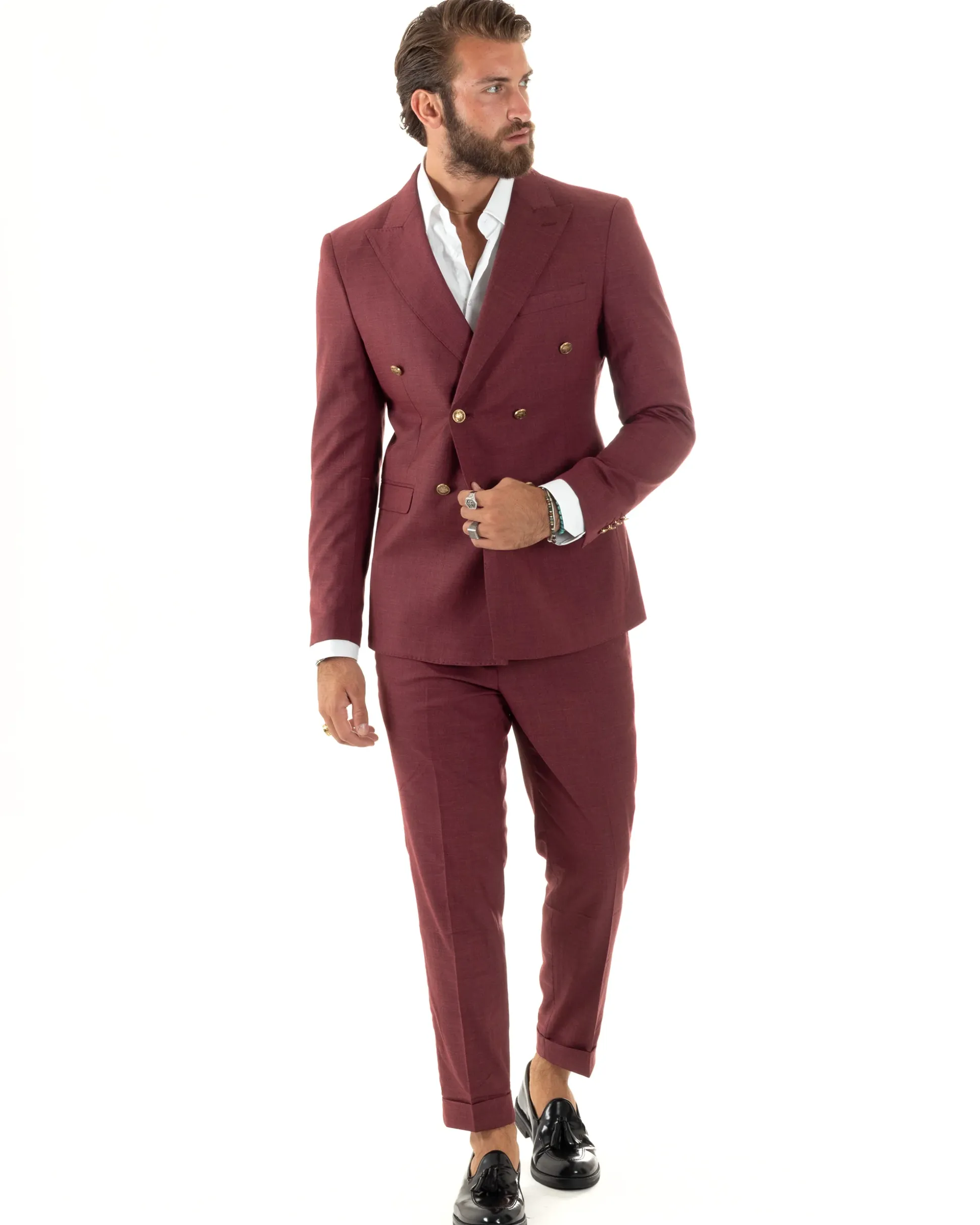 Abito uomo doppiopetto completo giacca pantaloni bottoni metallo bordeaux melangiato GIOSAL-AE1080A
